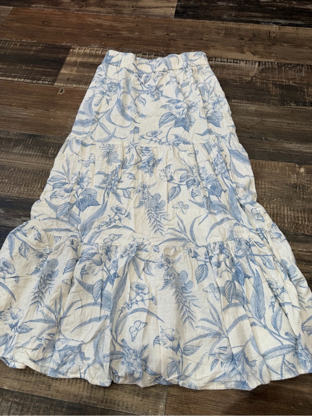 White Maxi Skirt with Light Blue Botanical Print - Women's Tiered Summer Skirt